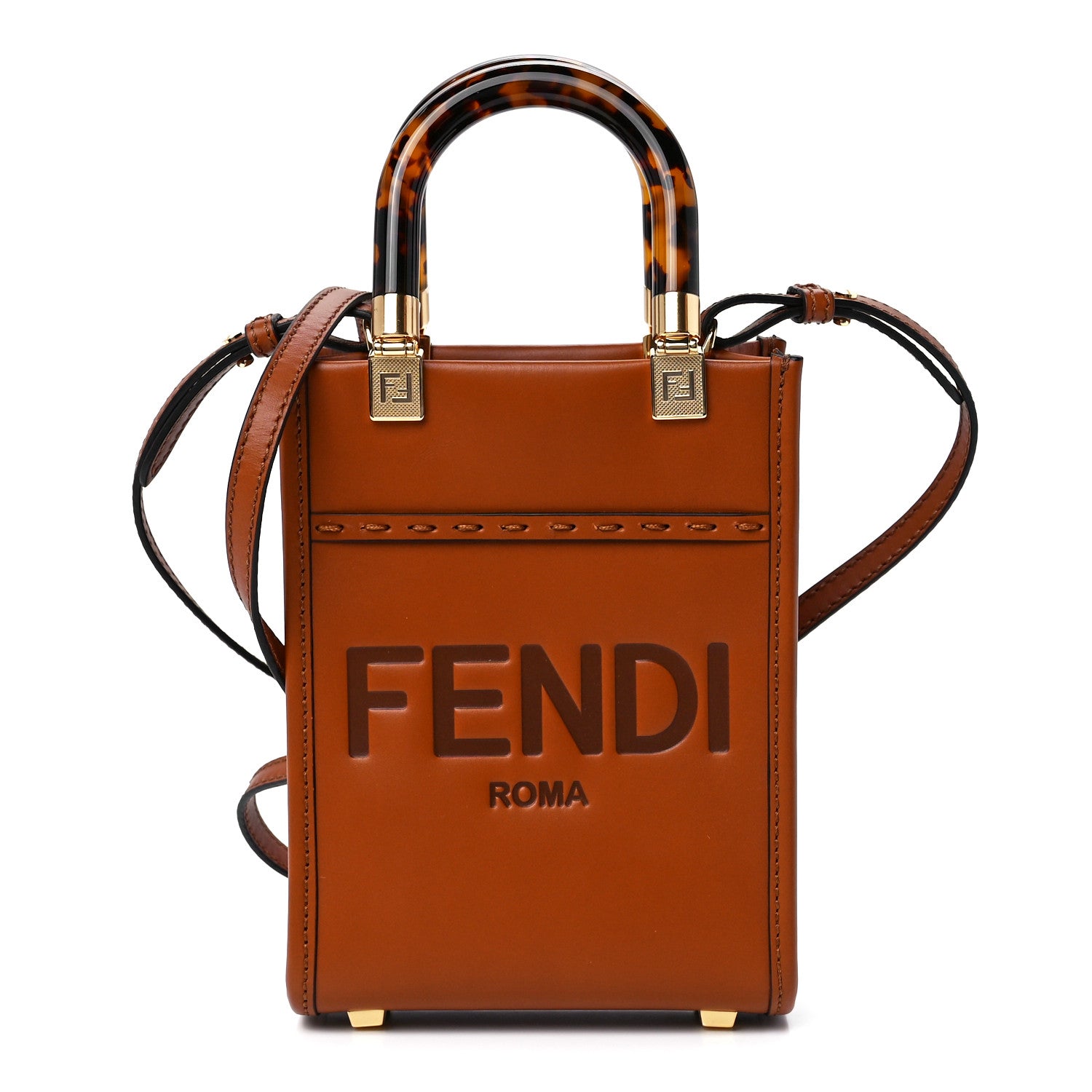 Fendi Vitello King Plexiglass Logo Embossed Mini Fendi Sunshine Shopper Tote Cuoio 1 of 10