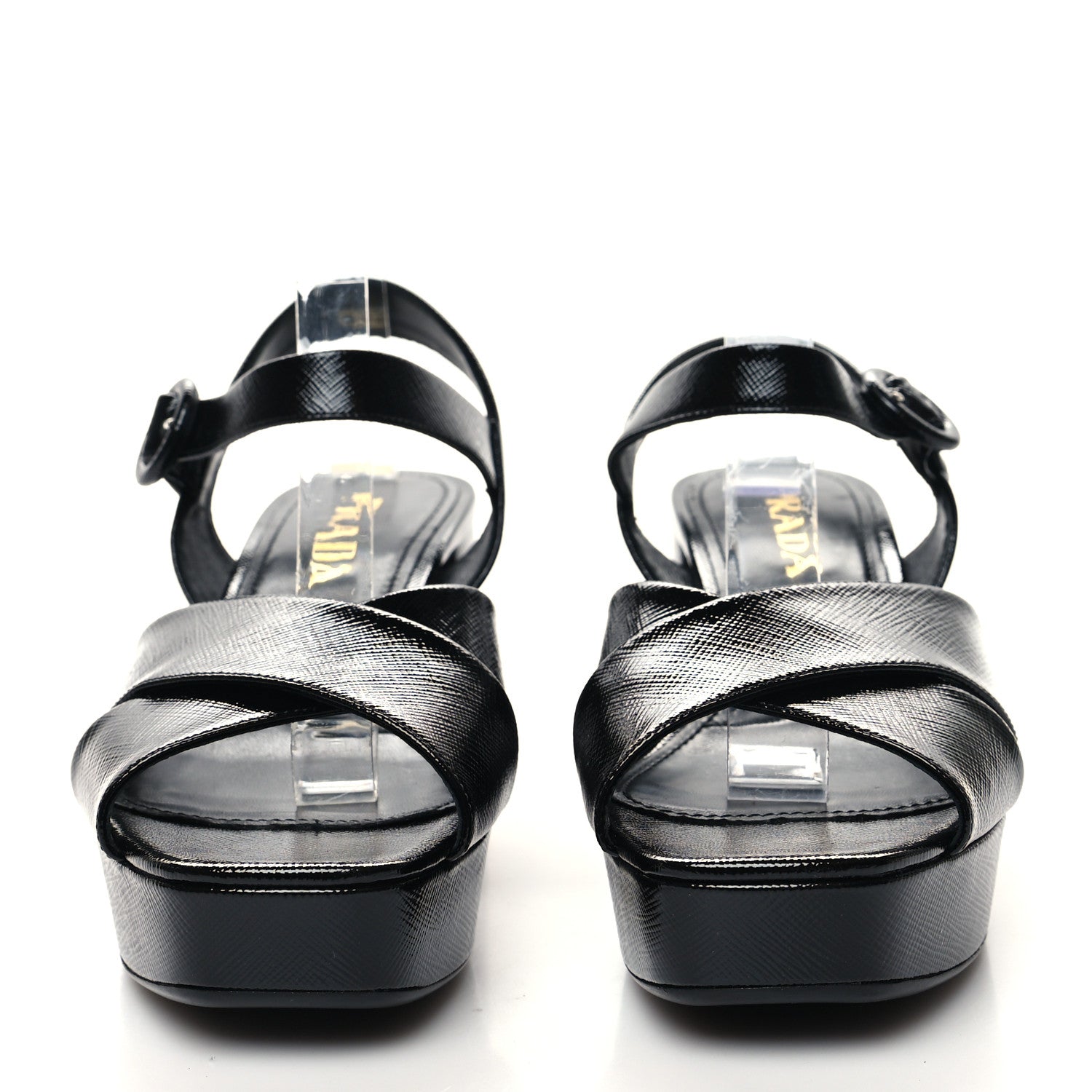 Prada Vernice Saffiano Embossed Crisscross Platform 20/65mm Sandals 37 Black 2 of 8