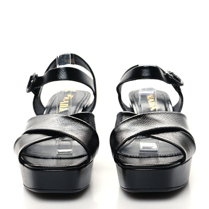 Prada Vernice Saffiano Embossed Crisscross Platform 20/65mm Sandals 37 Black 2 of 8