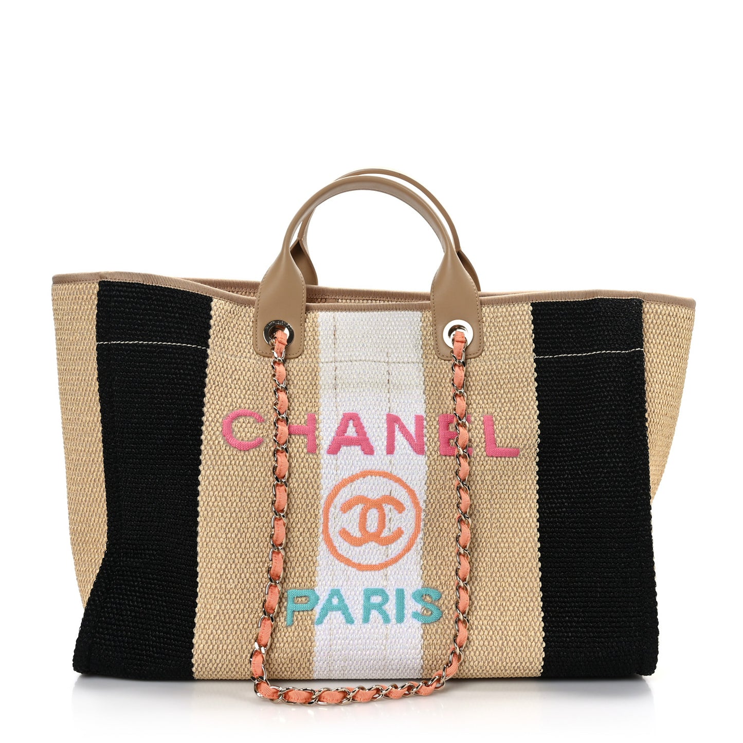 Straw Raffia Calfskin Striped Medium Deauville Tote Black Beige Ivory