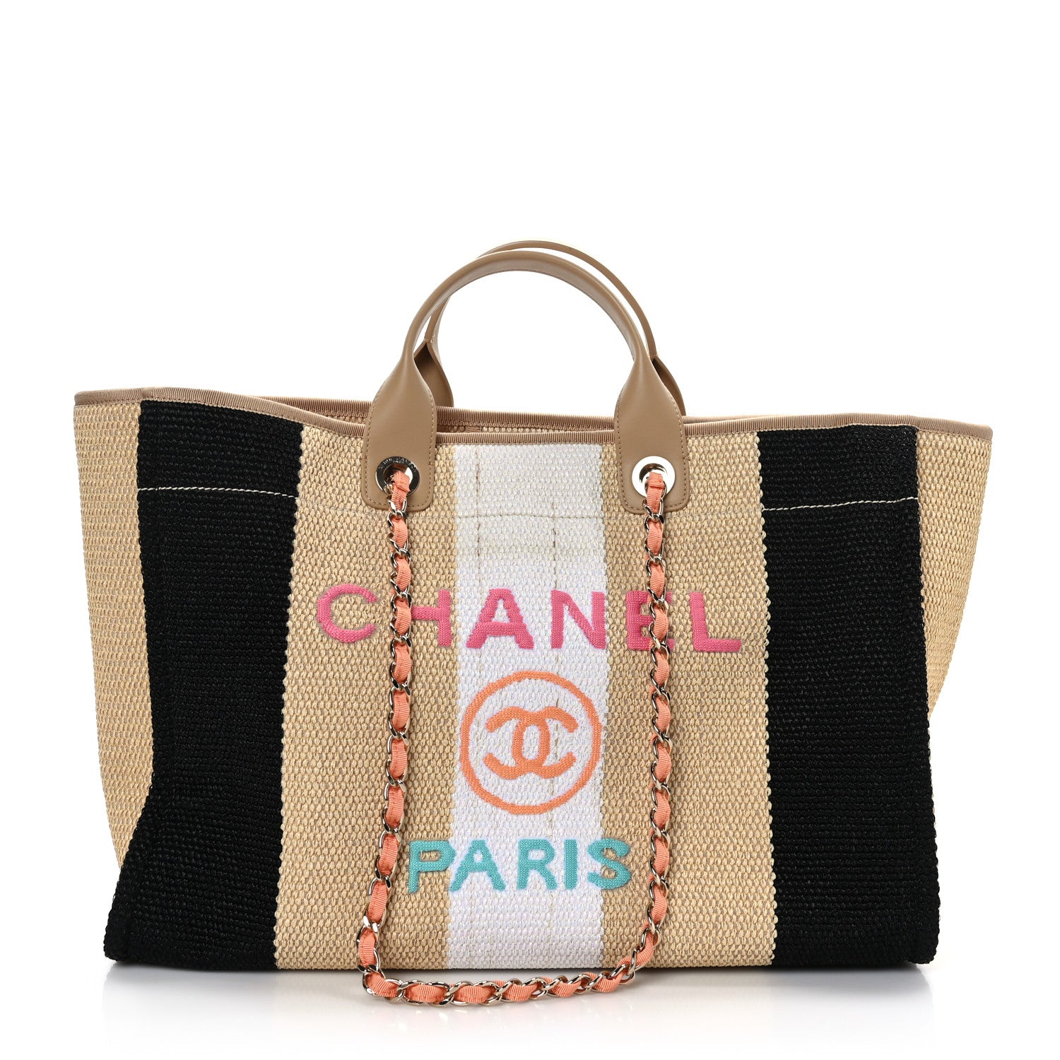 Chanel Straw Raffia Calfskin Striped Medium Deauville Tote Black Beige Ivory 1 of 9