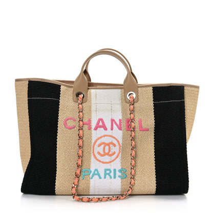 Chanel Straw Raffia Calfskin Striped Medium Deauville Tote Black Beige Ivory 1 of 9