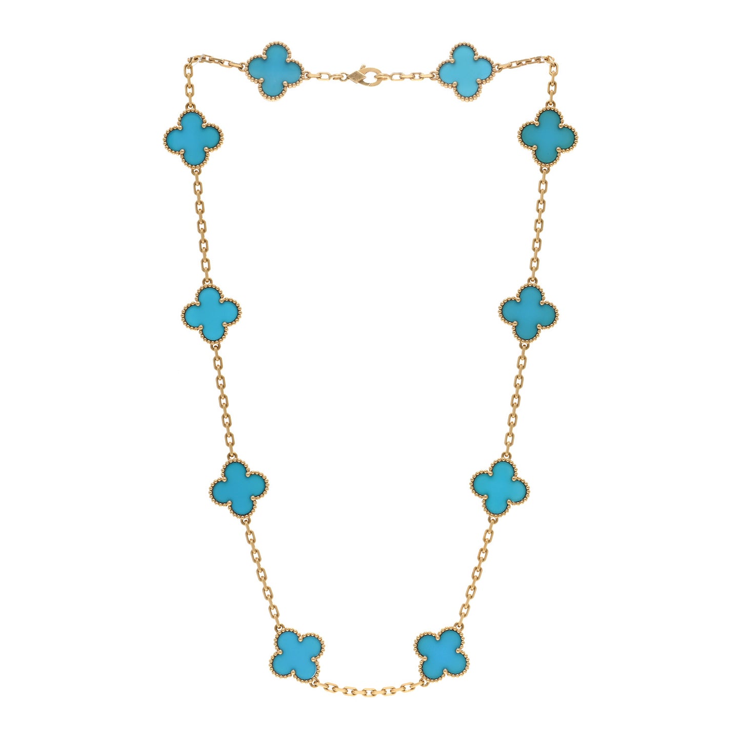 18K Yellow Gold Blue Agate 10 Motifs Vintage Alhambra Necklace