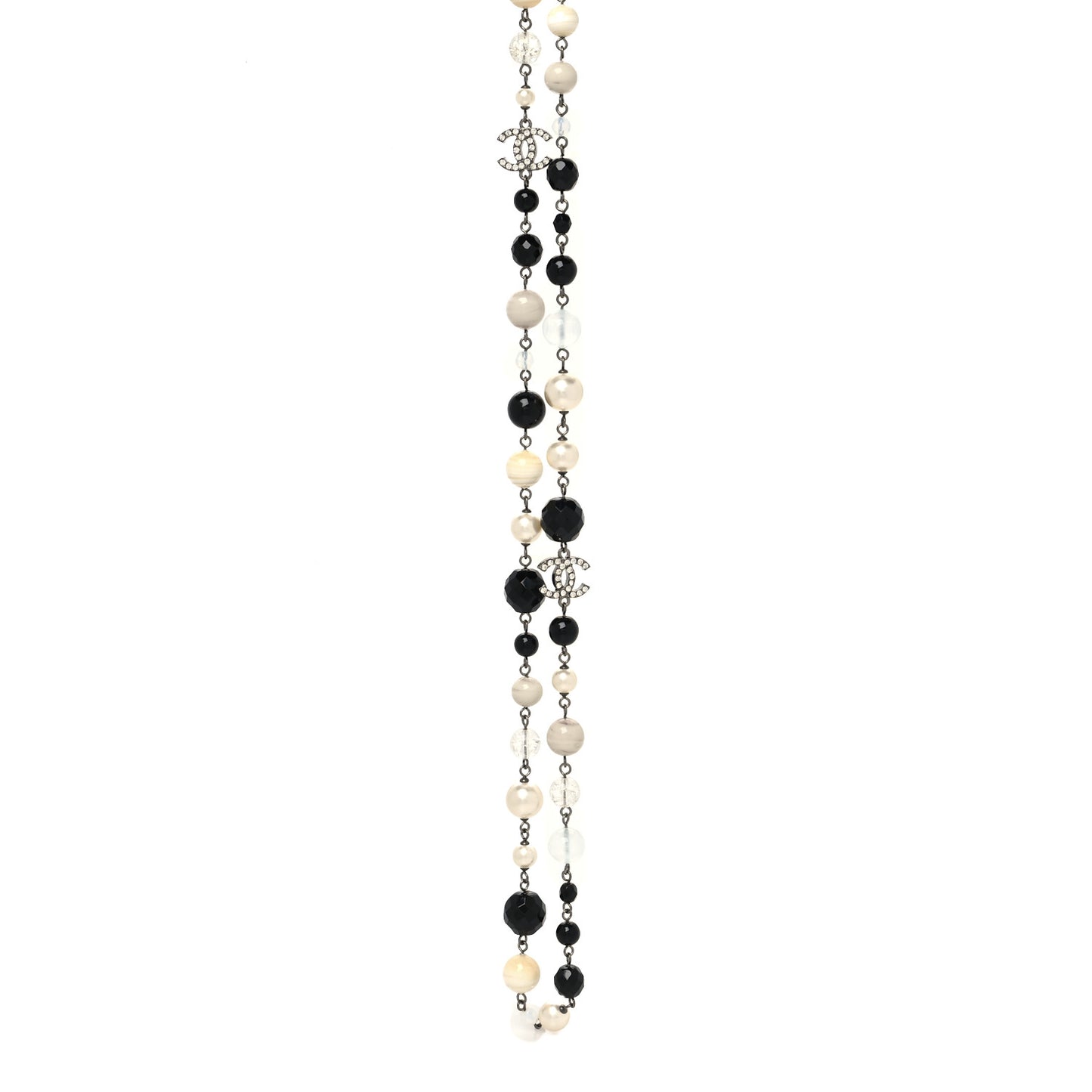 Pearl Beaded Crystal CC Long Necklace Black Silver
