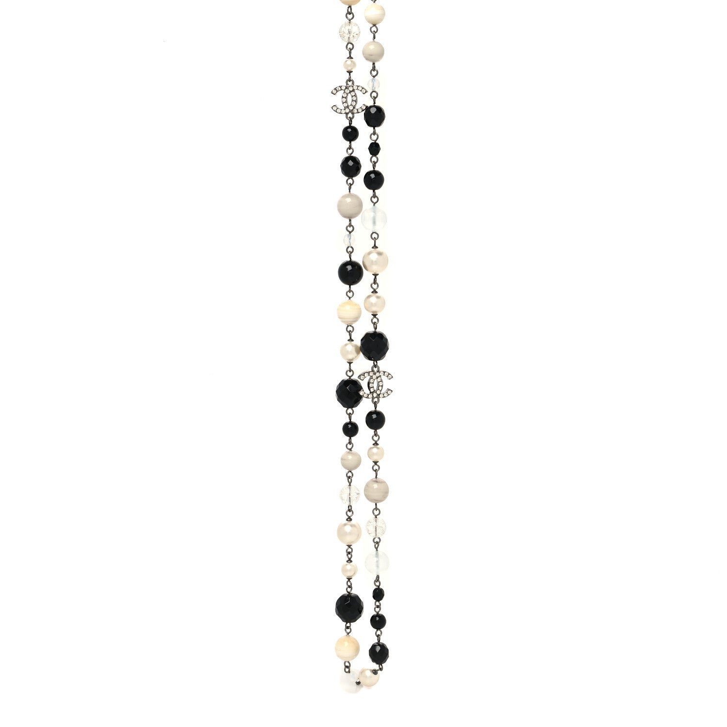 Chanel Pearl Beaded Crystal CC Long Necklace Black Silver 1 of 5