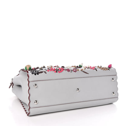 Fendi Vitello Seta Shiny Nappa Pearl Scalloped Studded Floral Embroidered Medium Peekaboo Iconic Satchel Grigio Perla Multicolor 4 of 10