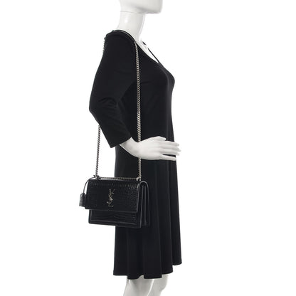 Saint Laurent Calfskin Crocodile Embossed Medium Monogram Sunset Black 2 of 7