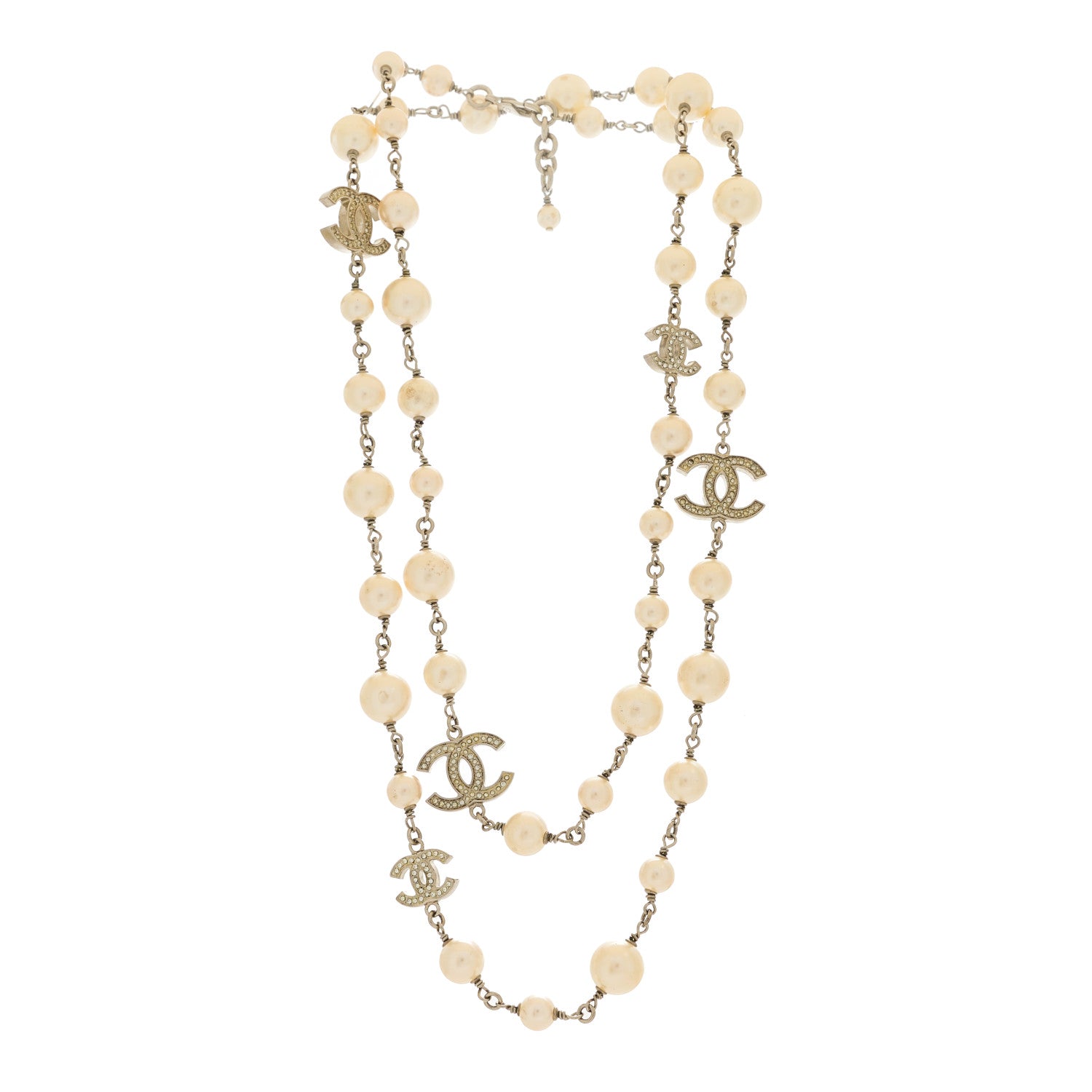 Chanel Graduated Pearl Crystal CC Long Necklace Silver 3 of 5