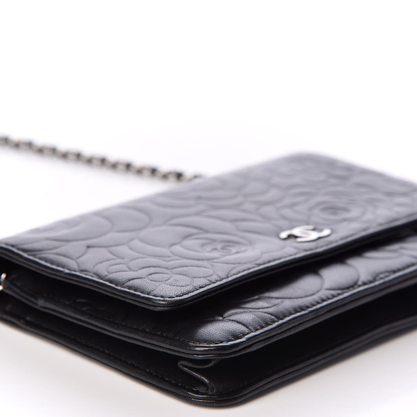 Lambskin Camellia Embossed Wallet on Chain WOC Black