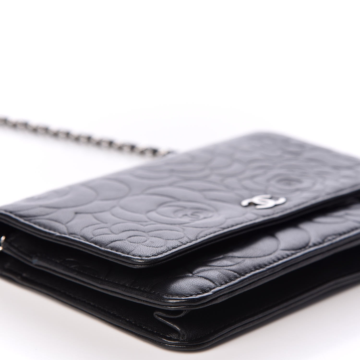 Chanel Lambskin Camellia Embossed Wallet on Chain WOC Black 9 of 11