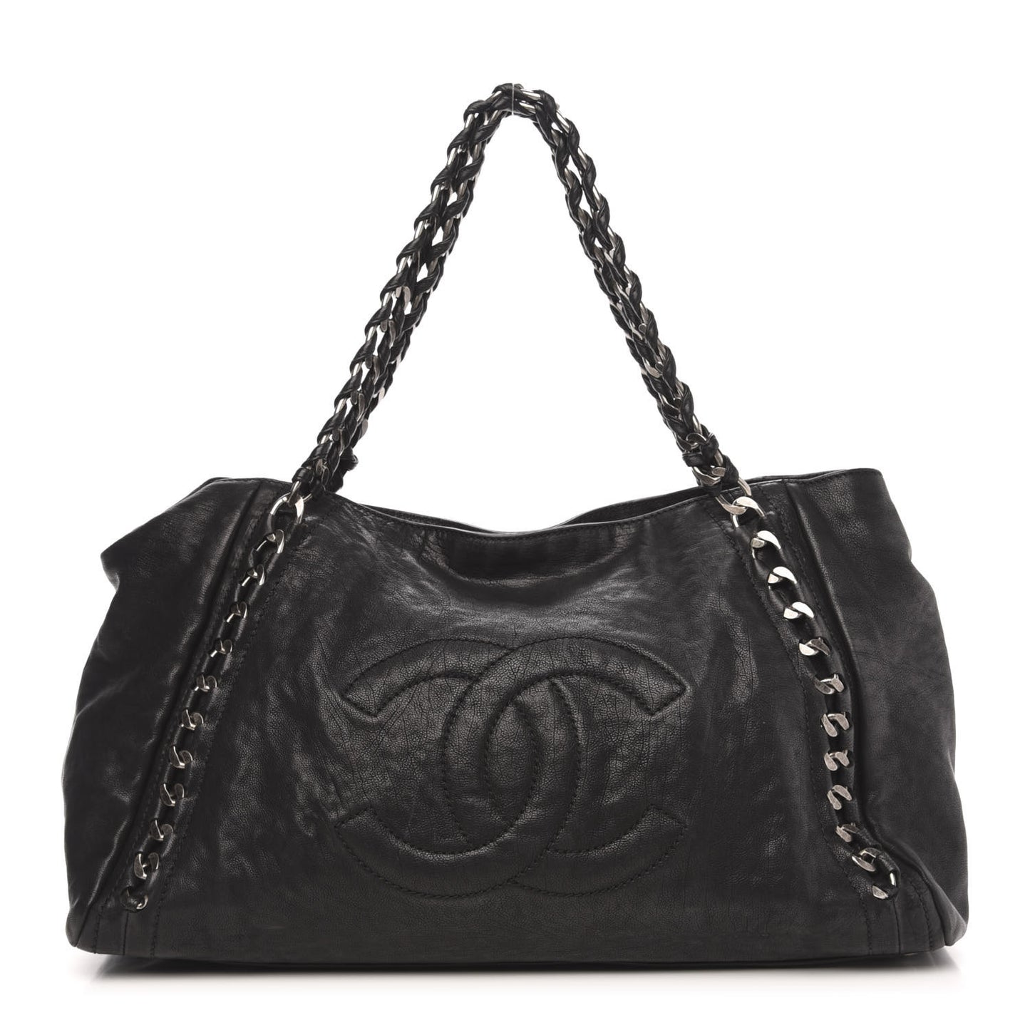 Glazed Calfskin East West Modern Chain Tote Black