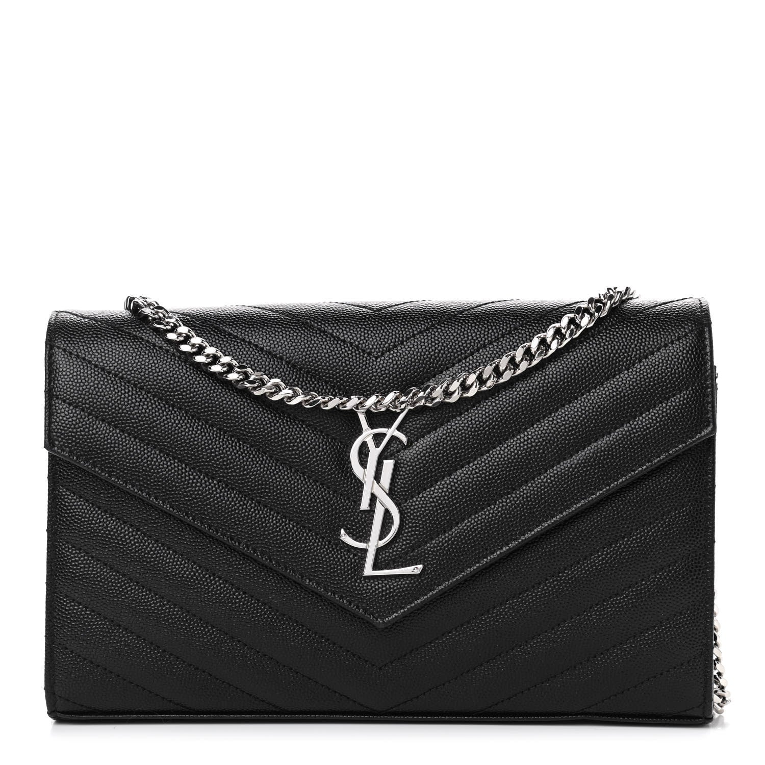 Saint Laurent Grain De Poudre Matelasse Chevron Monogram Chain Wallet Black 1 of 4
