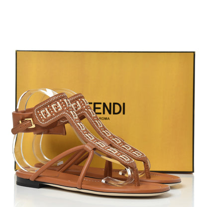Fendi Calfskin FF Woven Ankle Wrap Flat Sandals 38 Brandy Camelia 8 of 8