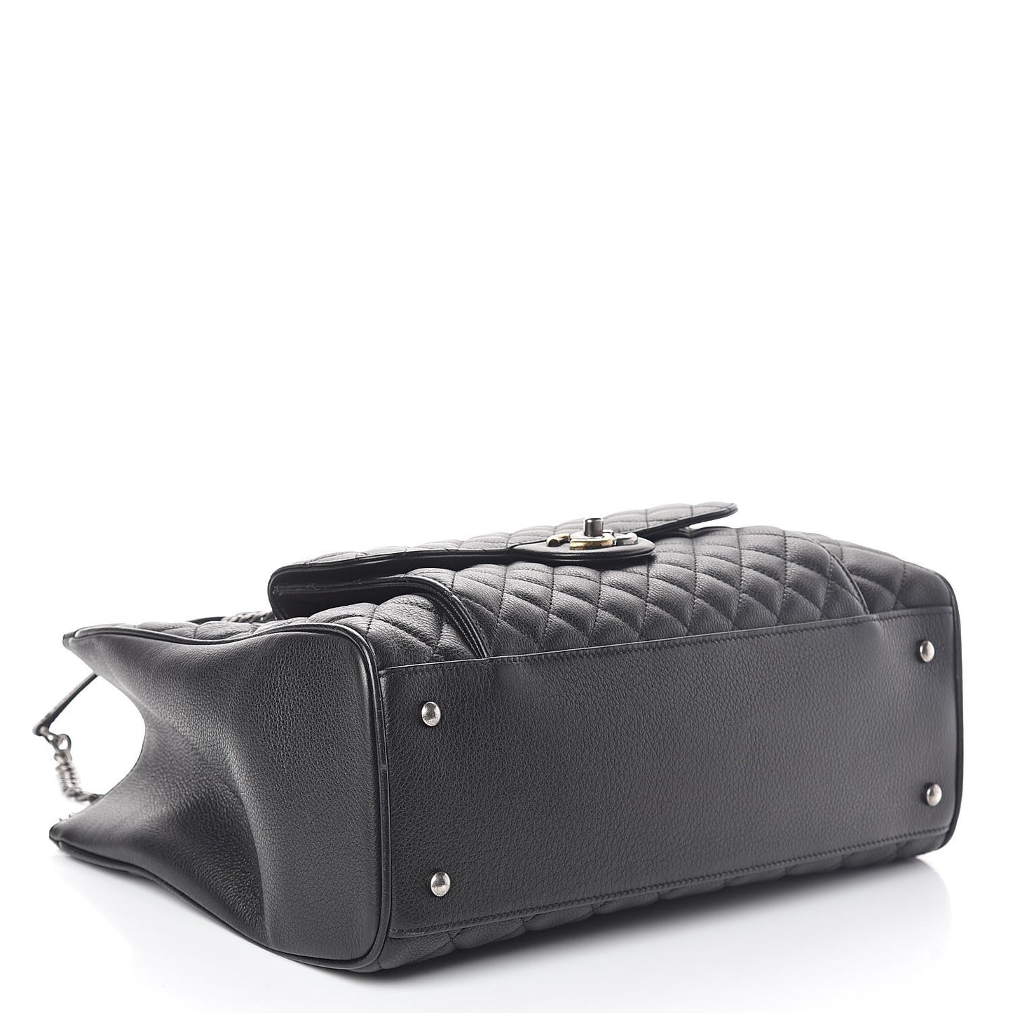 Metallic Grained Calfskin Quilted Large Casual Pocket Tote Black