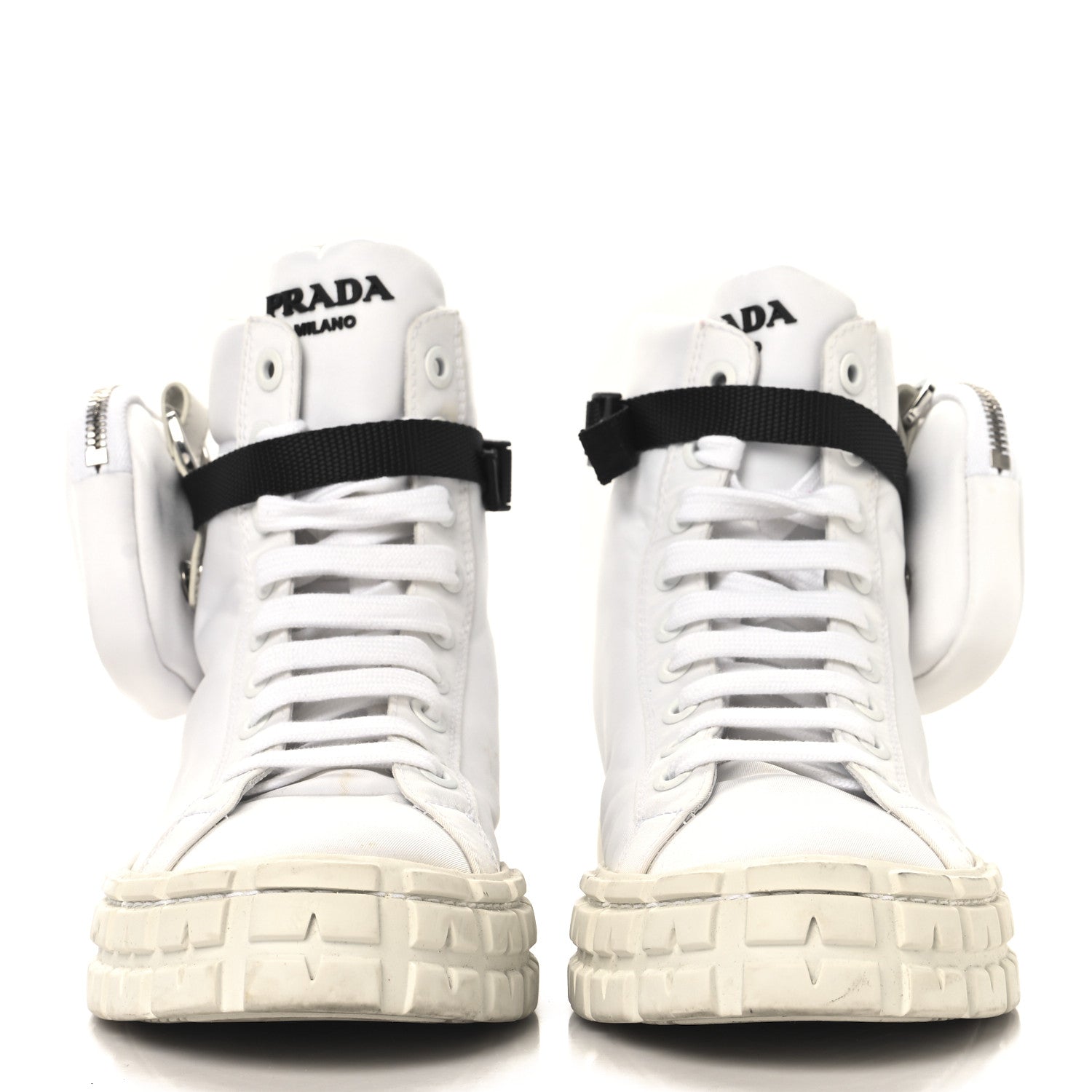 Prada Re-Nylon Gabardine Metal Triangle Logo Wheel Pouch Pocket High Top Sneakers 40.5 White 3 of 10