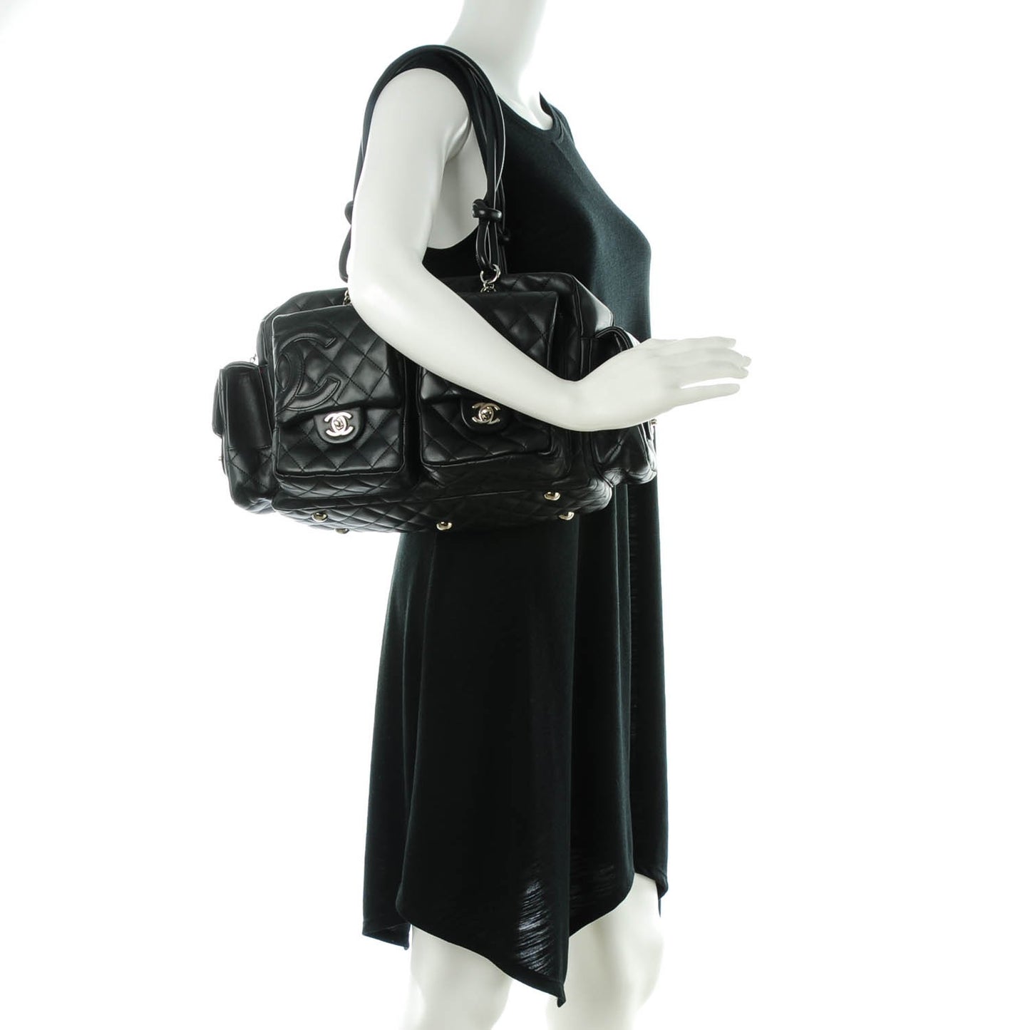 Calfskin Quilted Large Cambon Multipocket Reporter Black