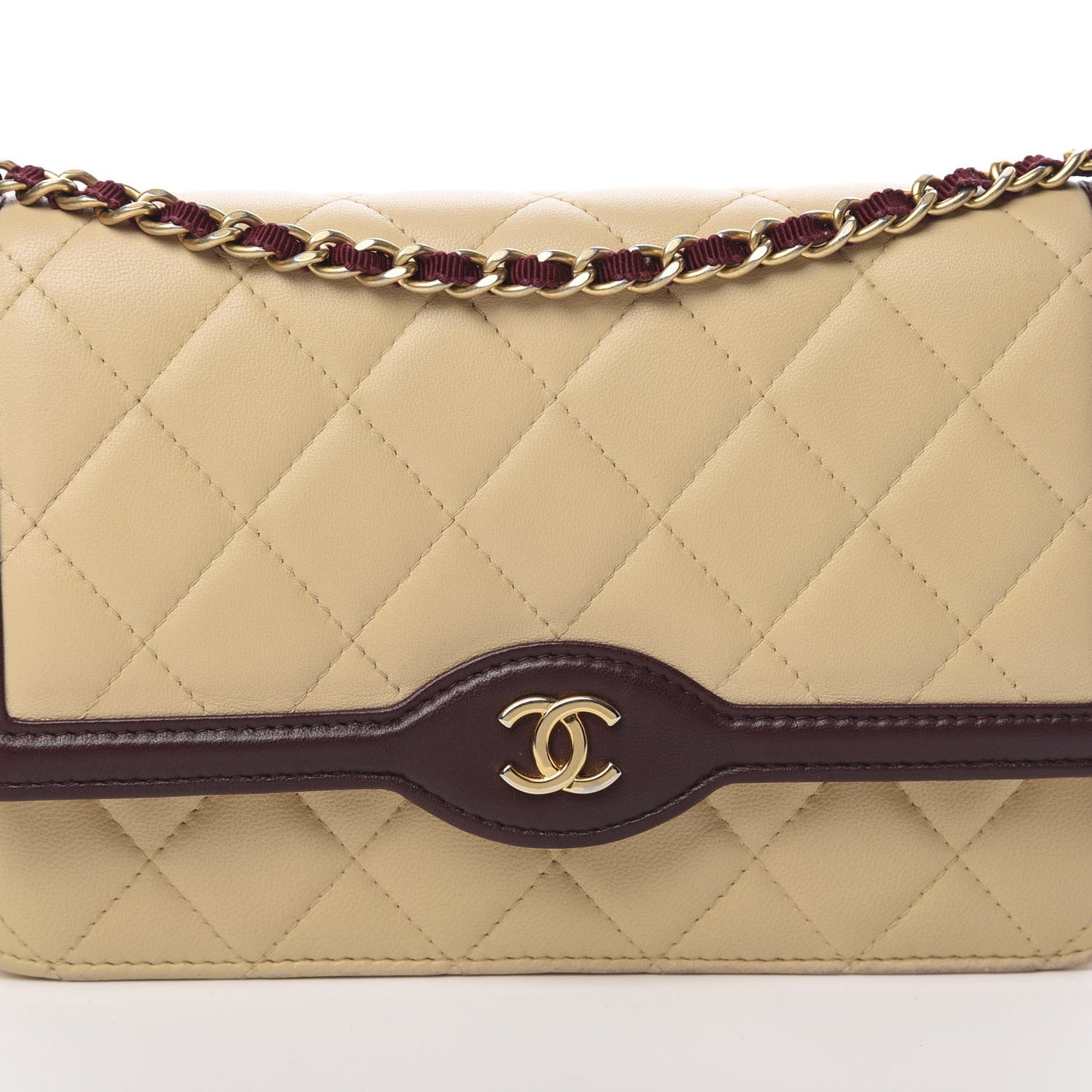 Lambskin Quilted Two Tone Wallet On Chain WOC Beige Burgundy