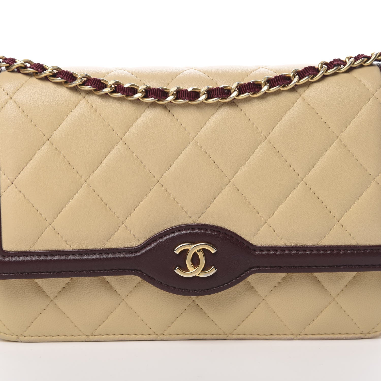 Chanel Lambskin Quilted Two Tone Wallet On Chain WOC Beige Burgundy 9 of 16