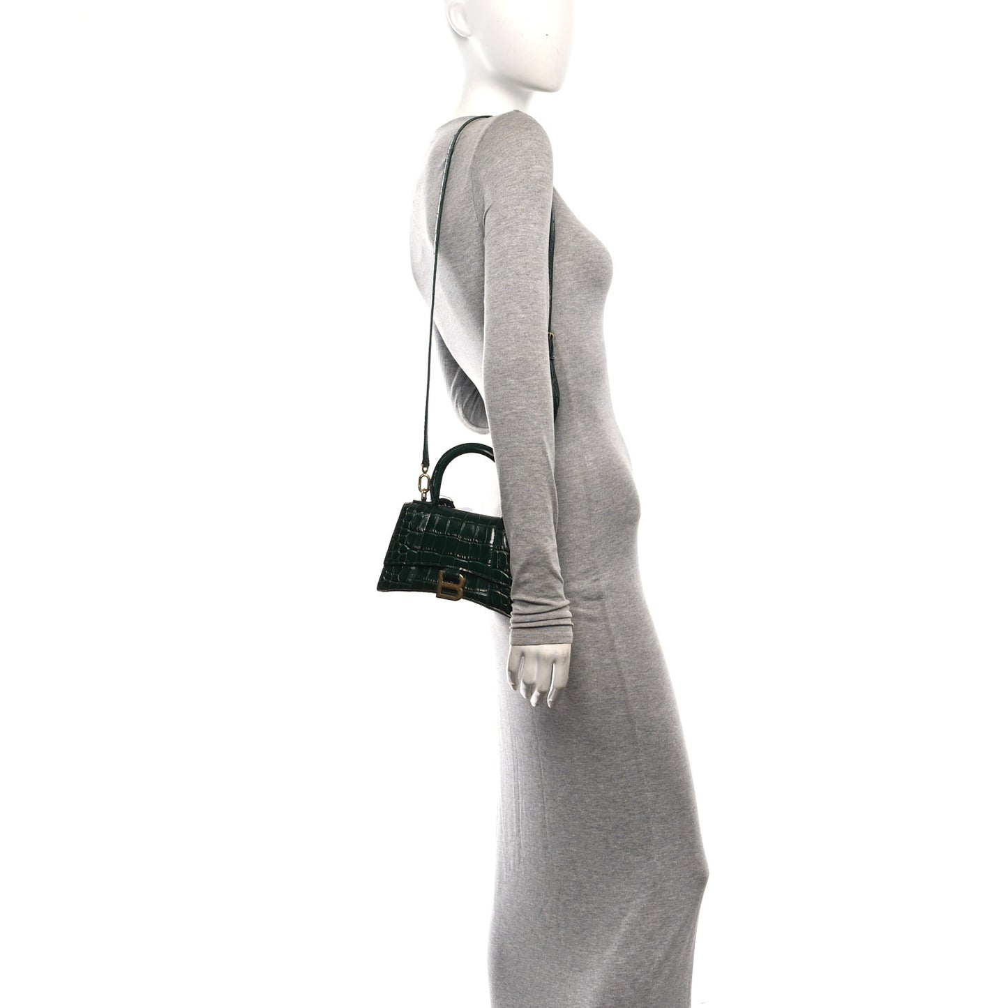 Shiny Calfskin Crocodile Embossed Hourglass Top Handle Bag XS Forest Green
