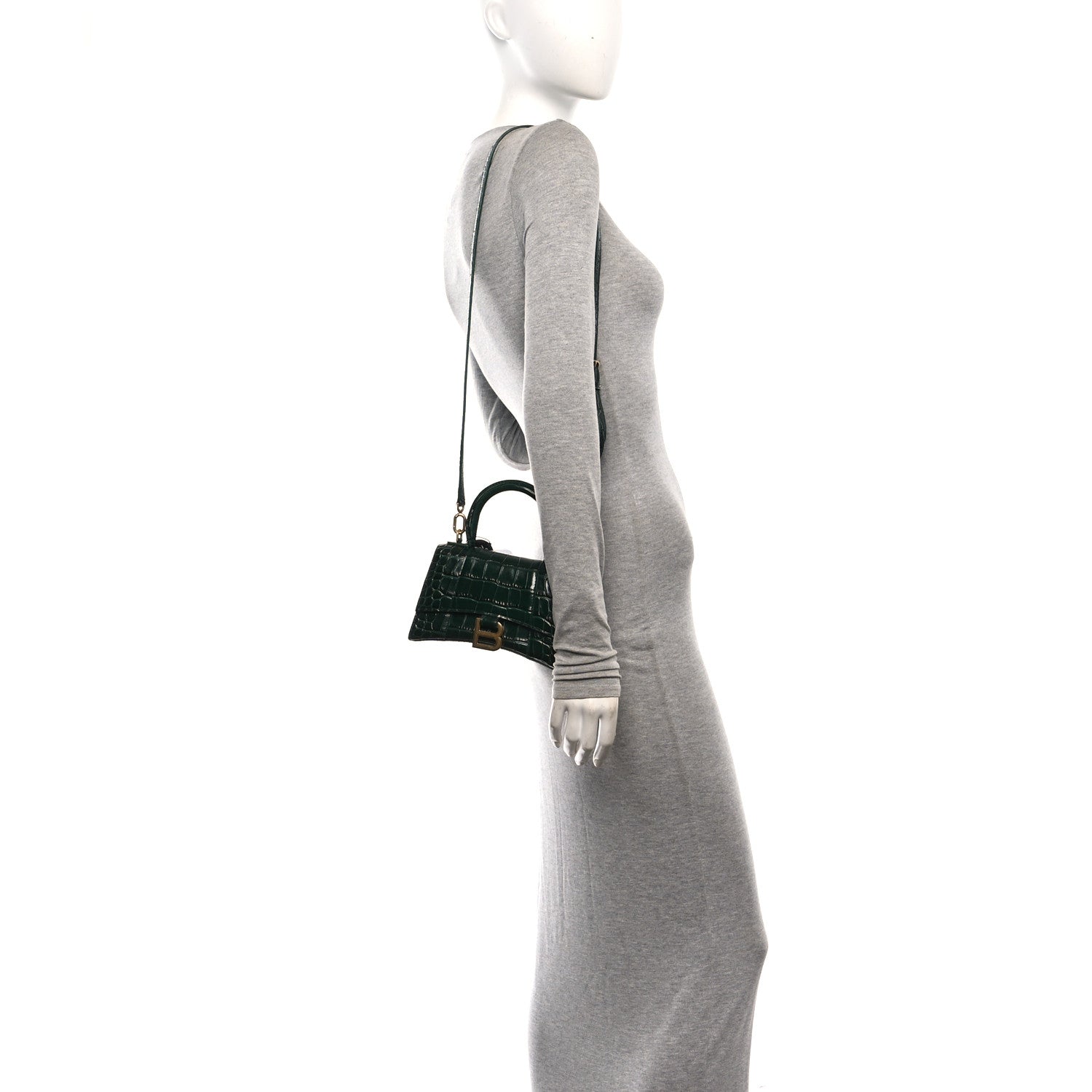 Balenciaga Shiny Calfskin Crocodile Embossed Hourglass Top Handle Bag XS Forest Green 2 of 9