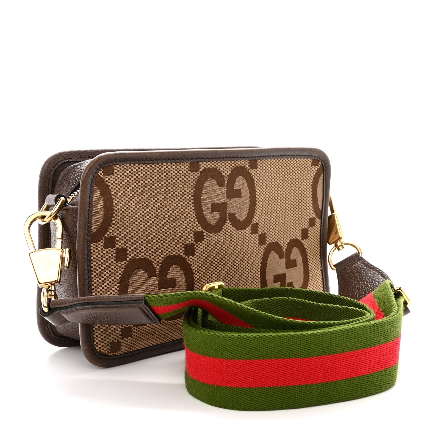 Gucci Monogram Jumbo GG Textured Dollar Calfskin Web Mini Crossbody Bag Camel Ebony New Acero 3 of 12