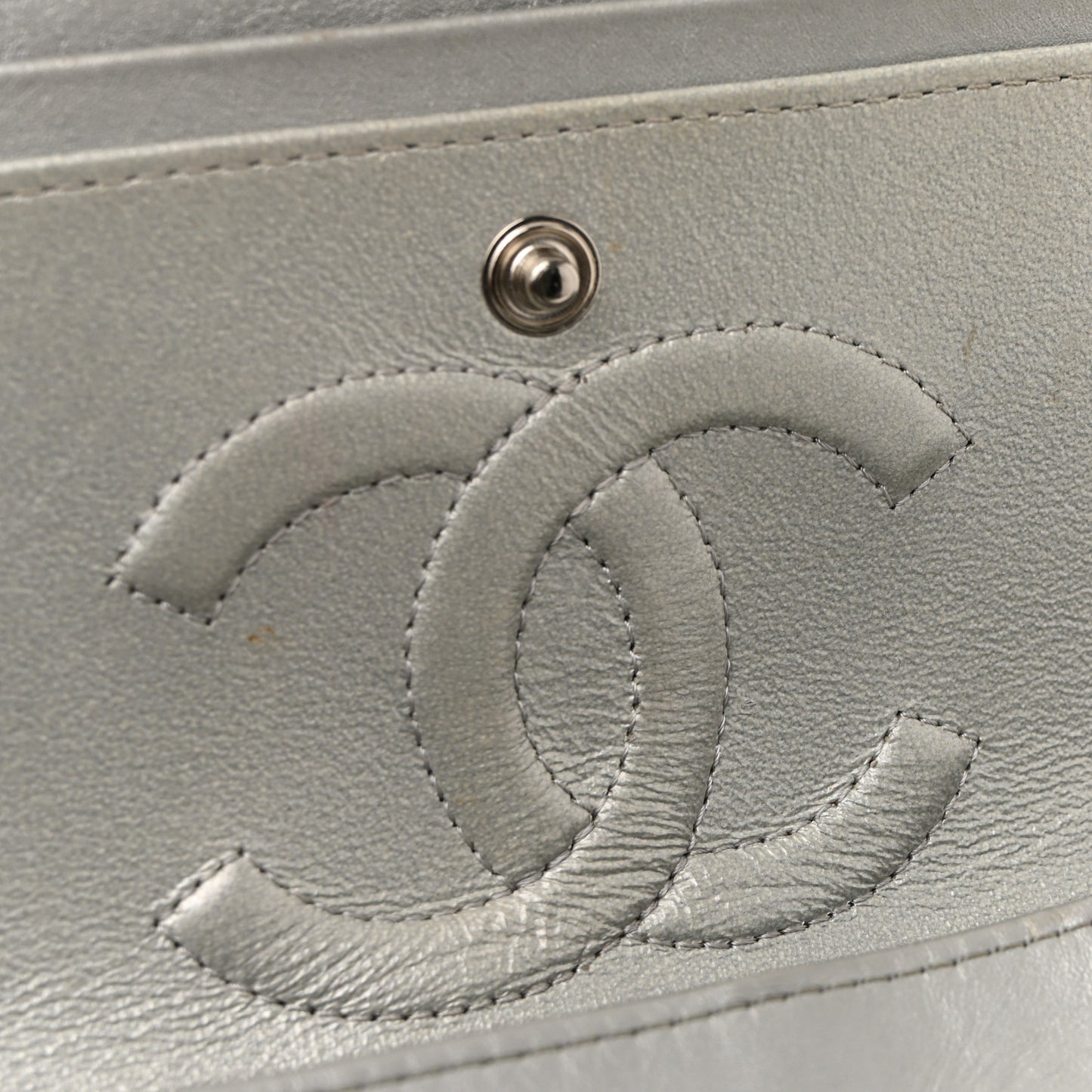 Metallic Patent Crumpled Calfskin Chevron Quilted Medium Double Flap Silver