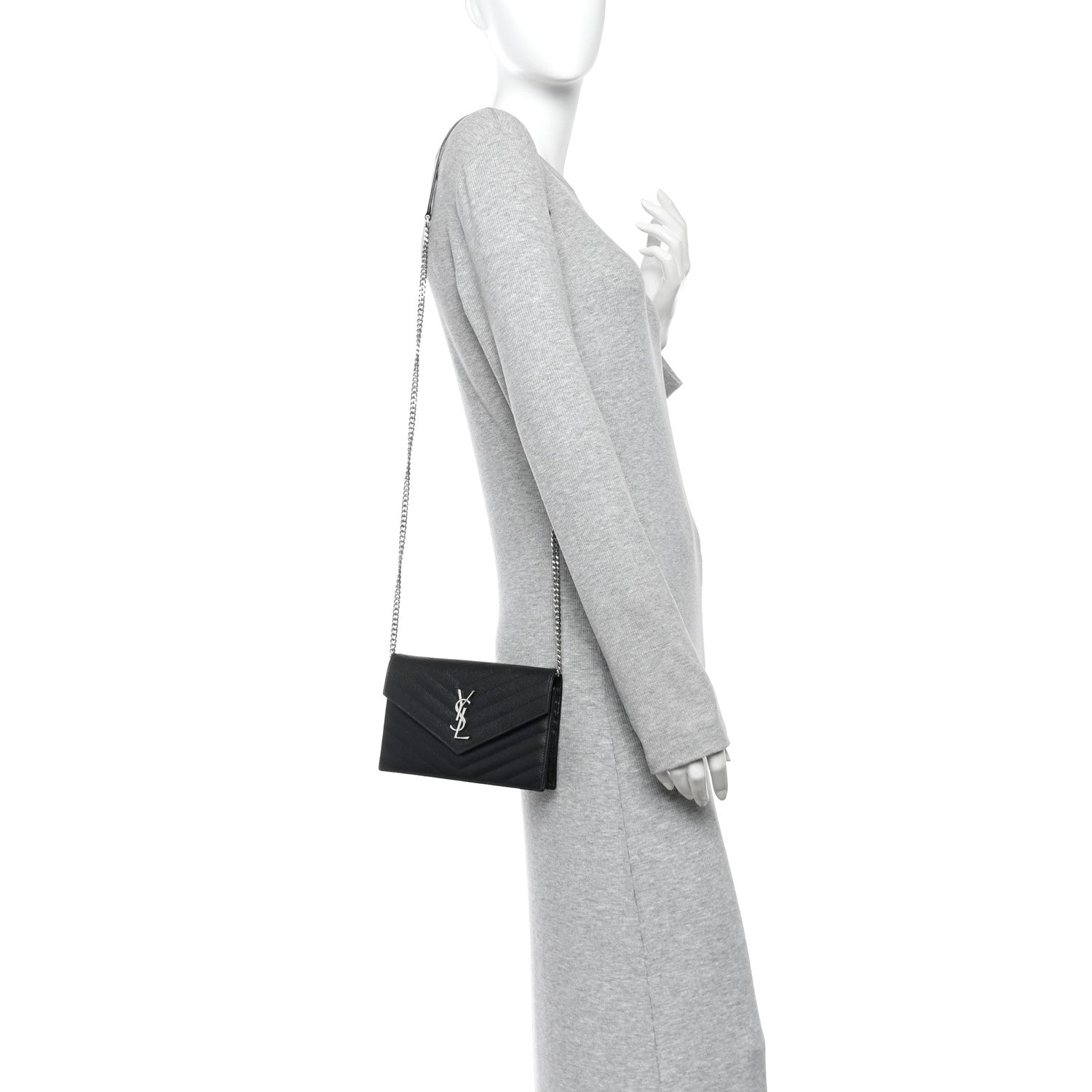 Saint Laurent Grain De Poudre Matelasse Chevron Monogram Envelope Chain Wallet Black 2 of 13