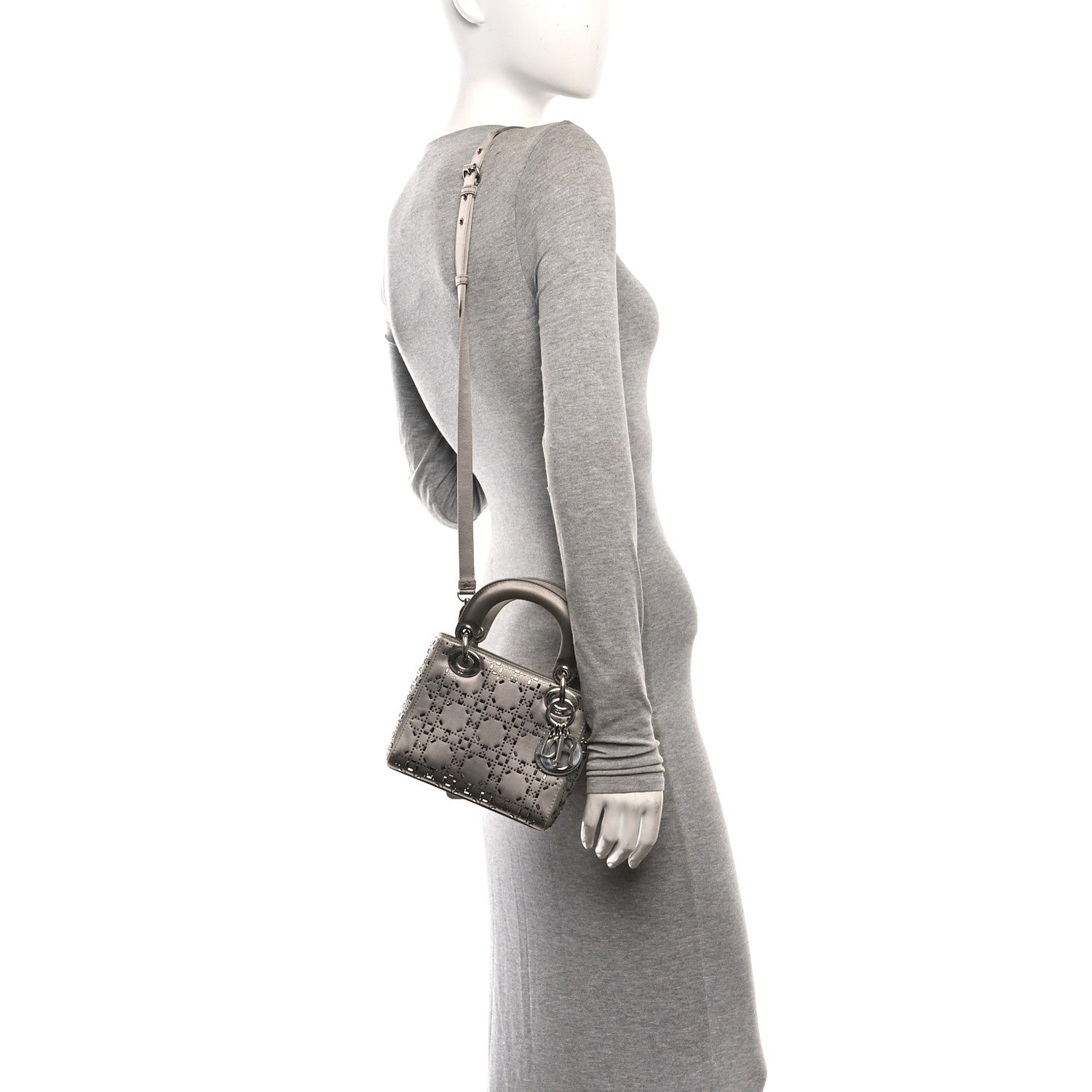 Christian Dior Satin Crystal Cannage Mini Lady Dior Gray 2 of 9