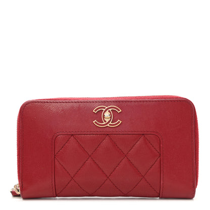 Chanel Sheepskin Quilted Mademoiselle Vintage Zip Around Wallet Red 1 of 8