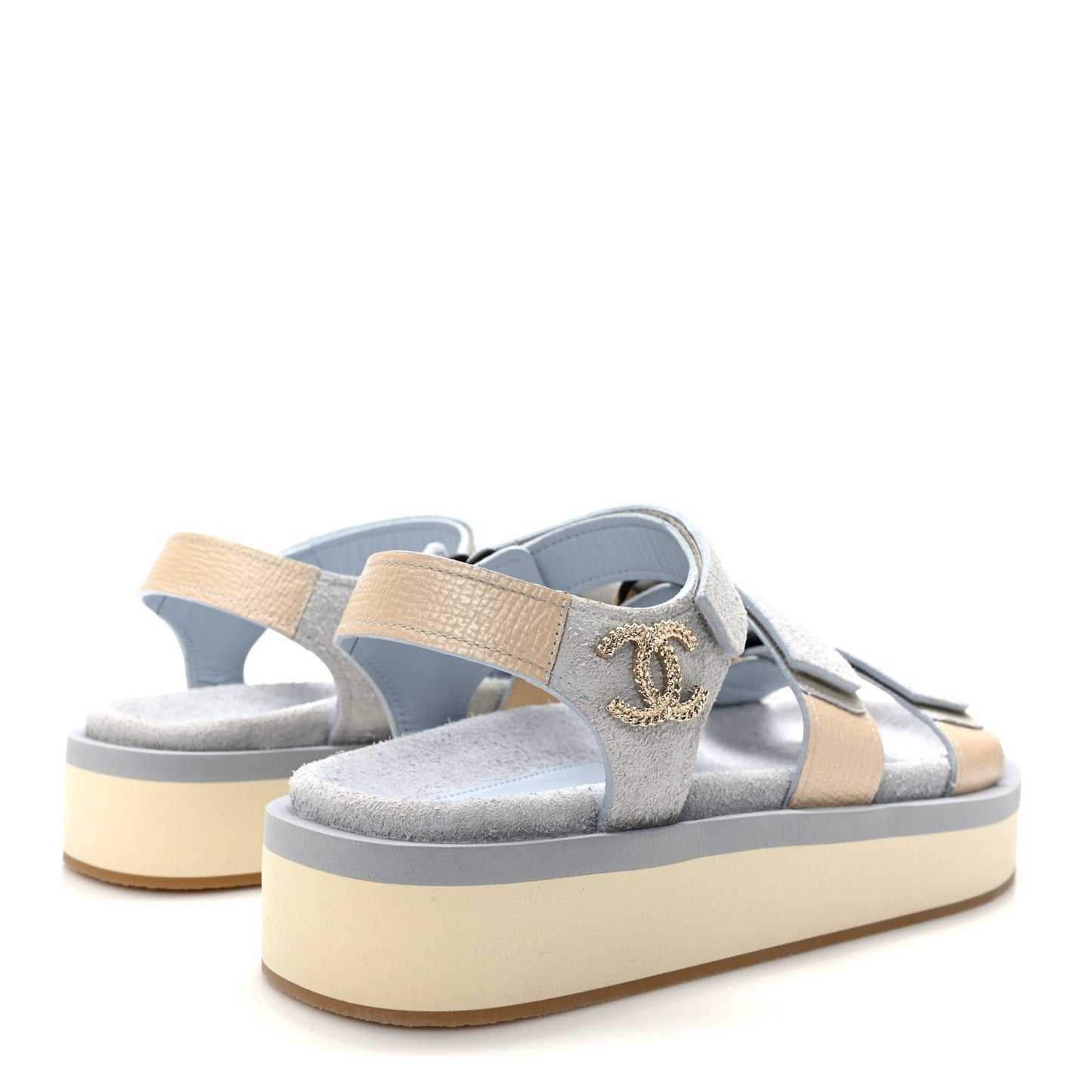 Suede Calfskin Velcro Flat Sandals 39 Light Blue Beige