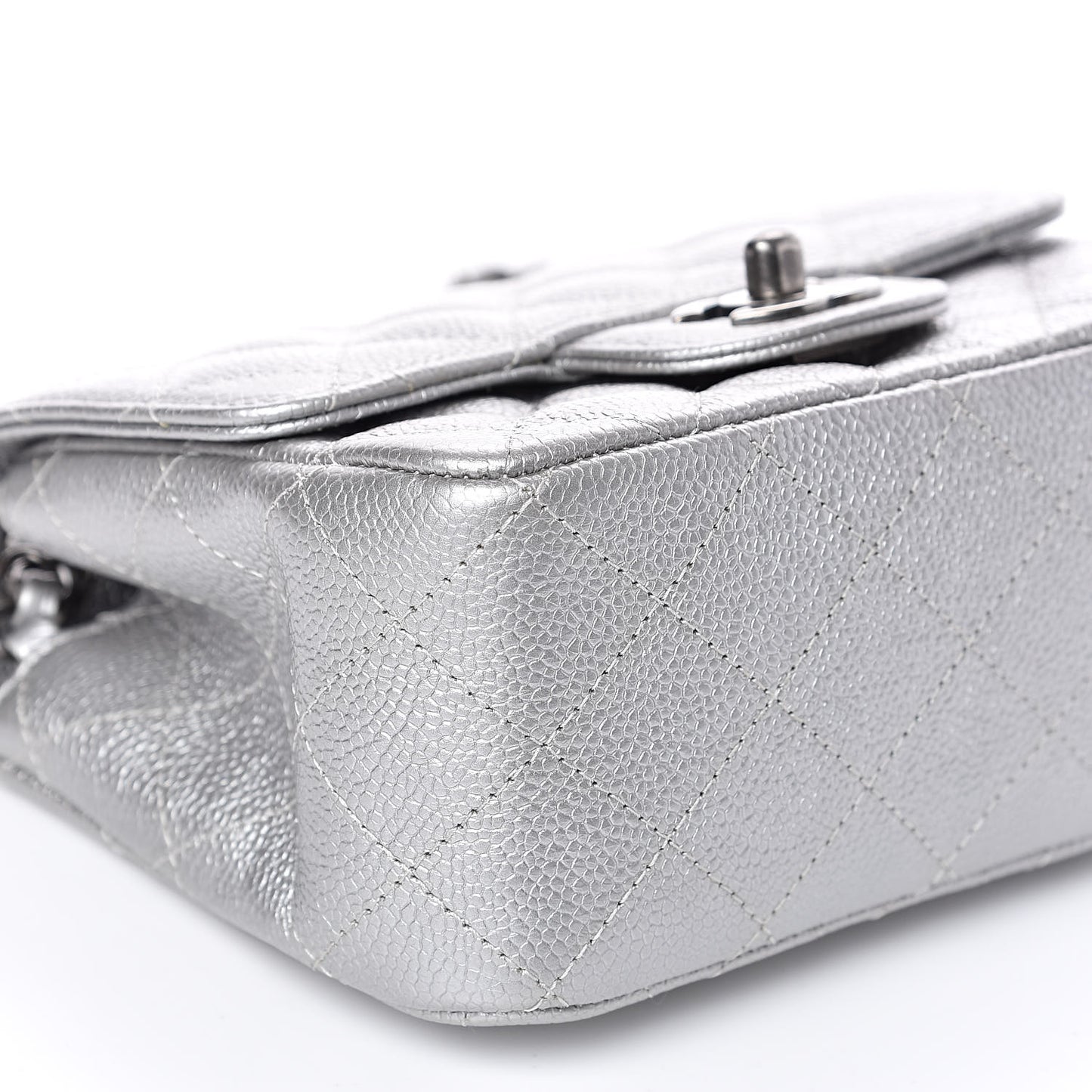 Metallic Caviar Quilted Mini Square Flap Silver