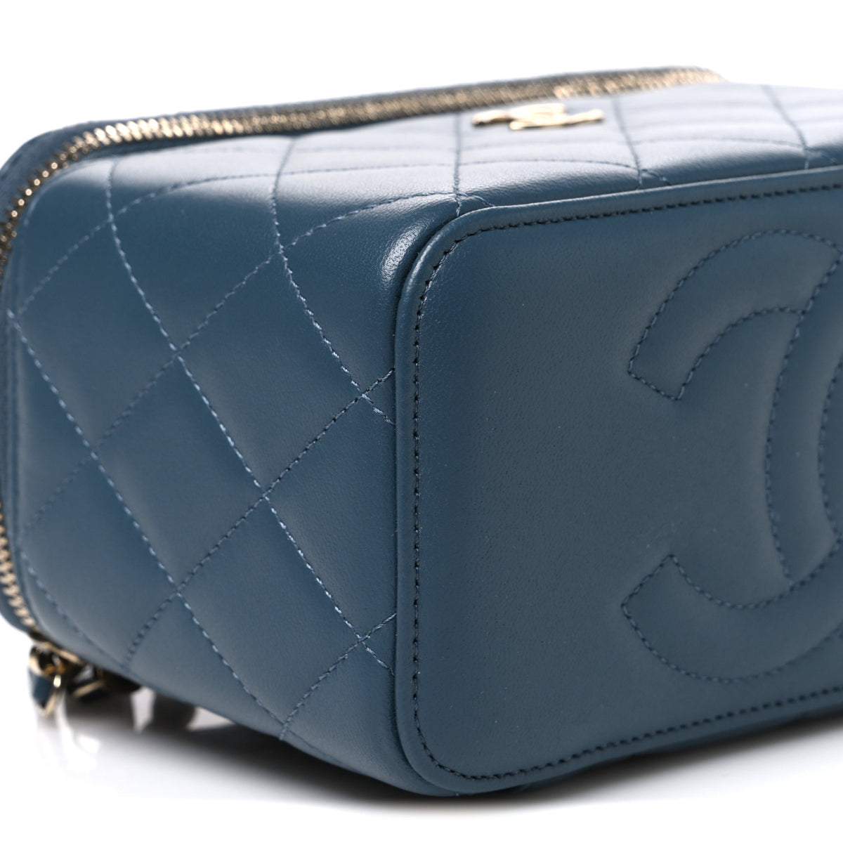 Lambskin Quilted Small Top Handle Vanity Case With Chain Blue