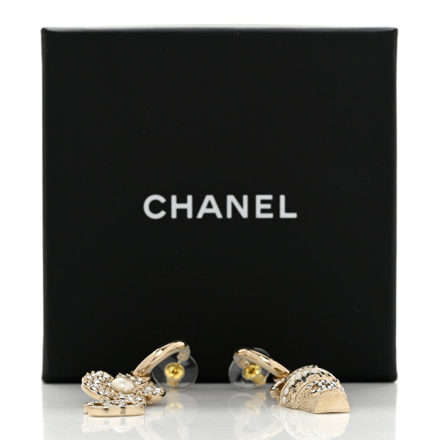 Crystal Pearl CC Logo Flower Dangle Earrings Gold