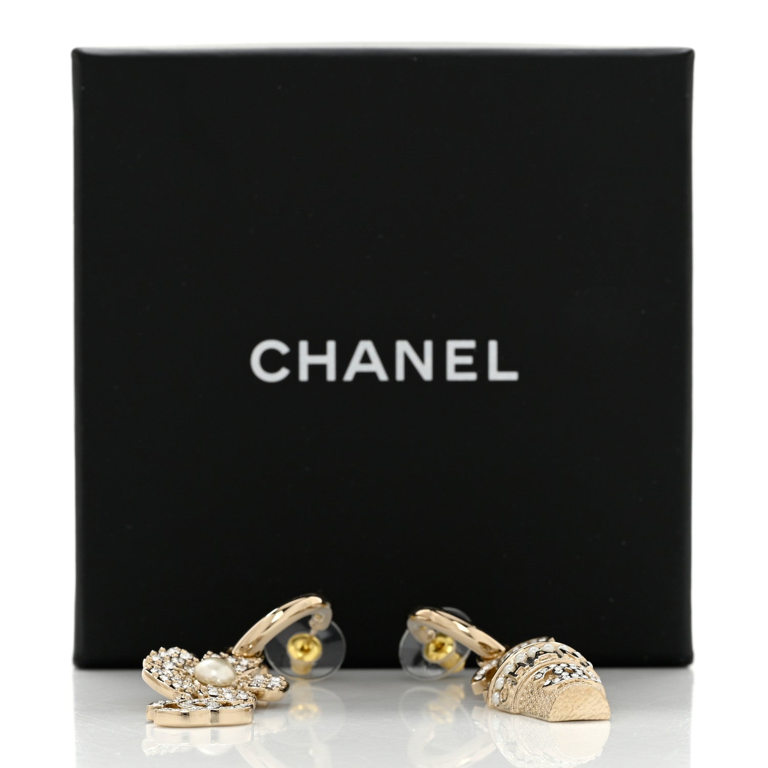 Chanel Crystal Pearl CC Logo Flower Dangle Earrings Gold 5 of 5