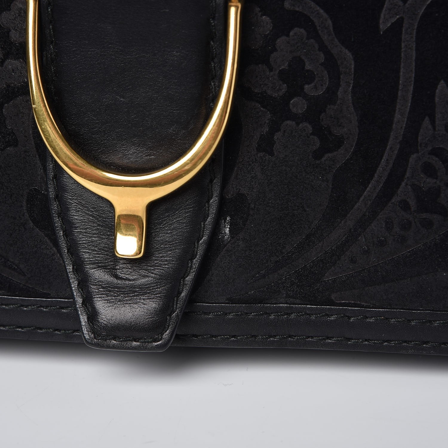 Gucci Suede Calfskin Brocade Soft Stirrup Clutch Black 10 of 11