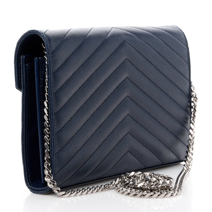 Saint Laurent Grain De Poudre Matelasse Chevron Monogram Chain Wallet Blue Sapphire 3 of 12