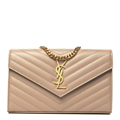 Saint Laurent Grain De Poudre Matelasse Chevron Monogram Chain Wallet Dark Beige 1 of 8