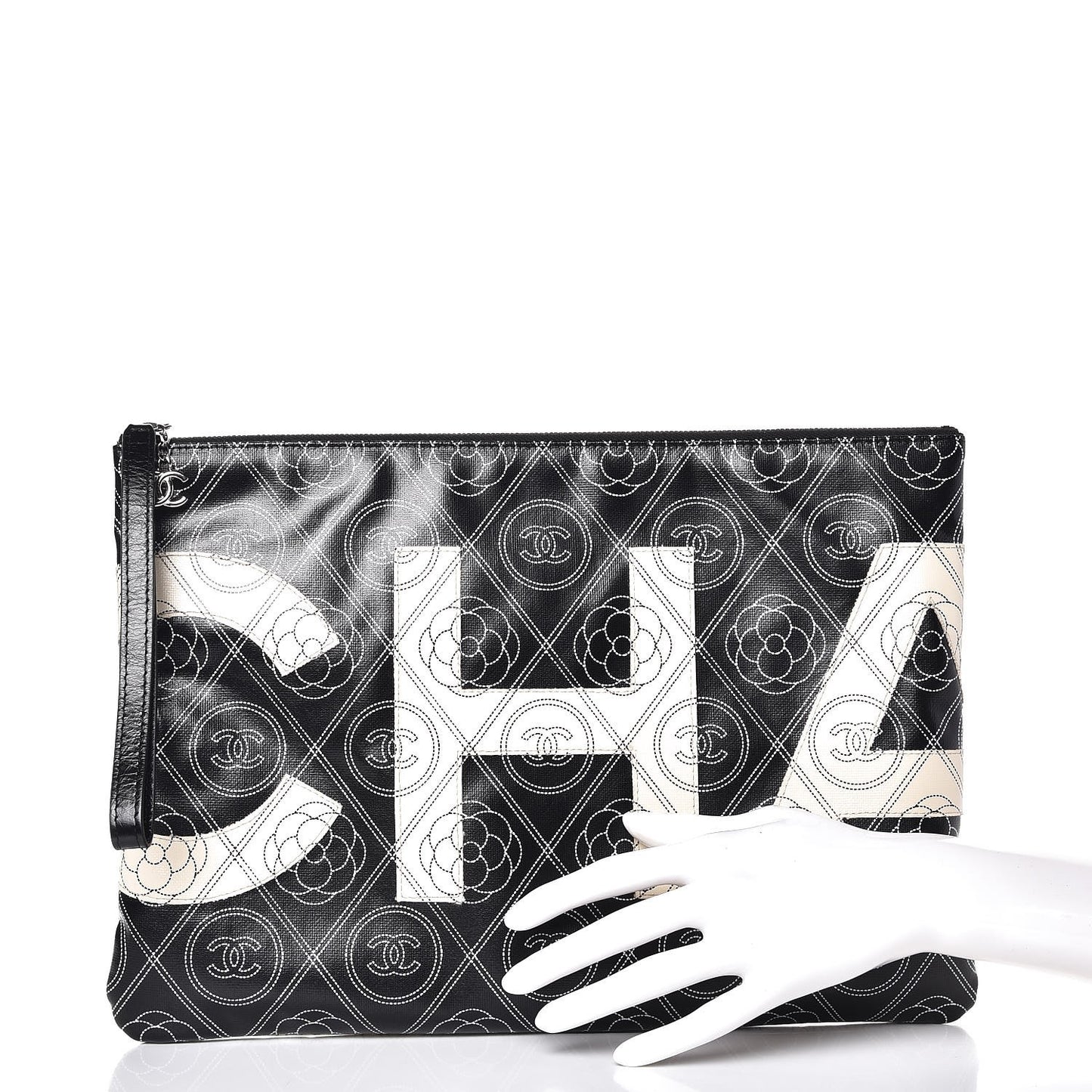 Coated Canvas Calfskin Camellia Printed Pouch Black Beige
