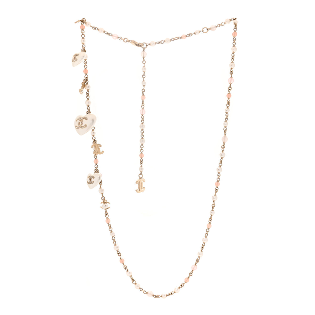 Chanel Pearl Crystal CC Heart Necklace Pearly White Gold 3 of 4