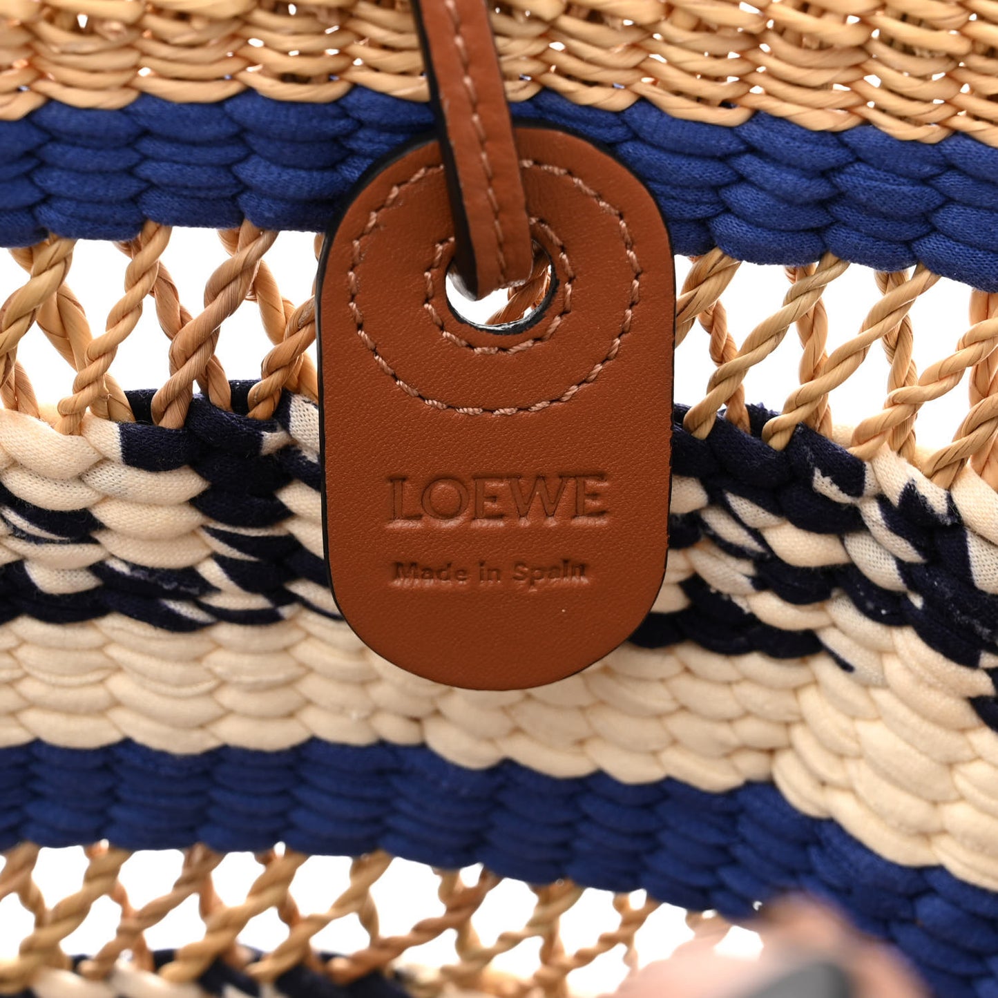 Elephant Grass Fabric Calfskin Woven Basket Tote Natural Blue