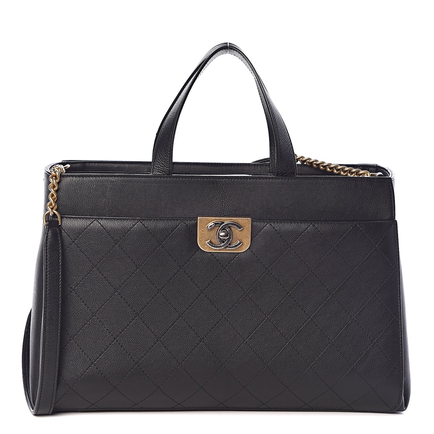 Calfskin Stitched Large Straight Lines Shopping Tote Black