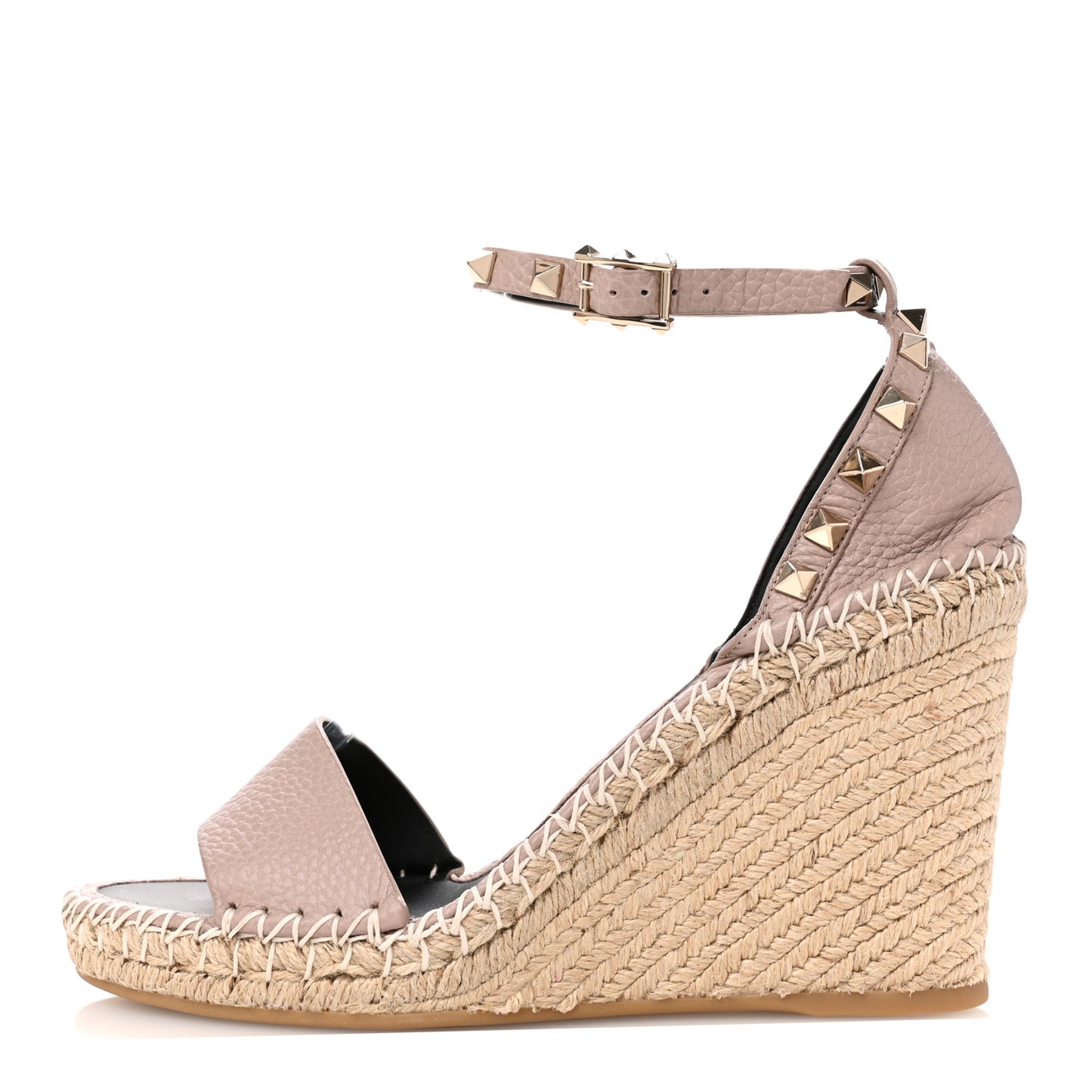 Grained Calfskin Rockstud Ankle Strap Espadrille 15/105mm Wedge Sandals 39 Poudre Natural