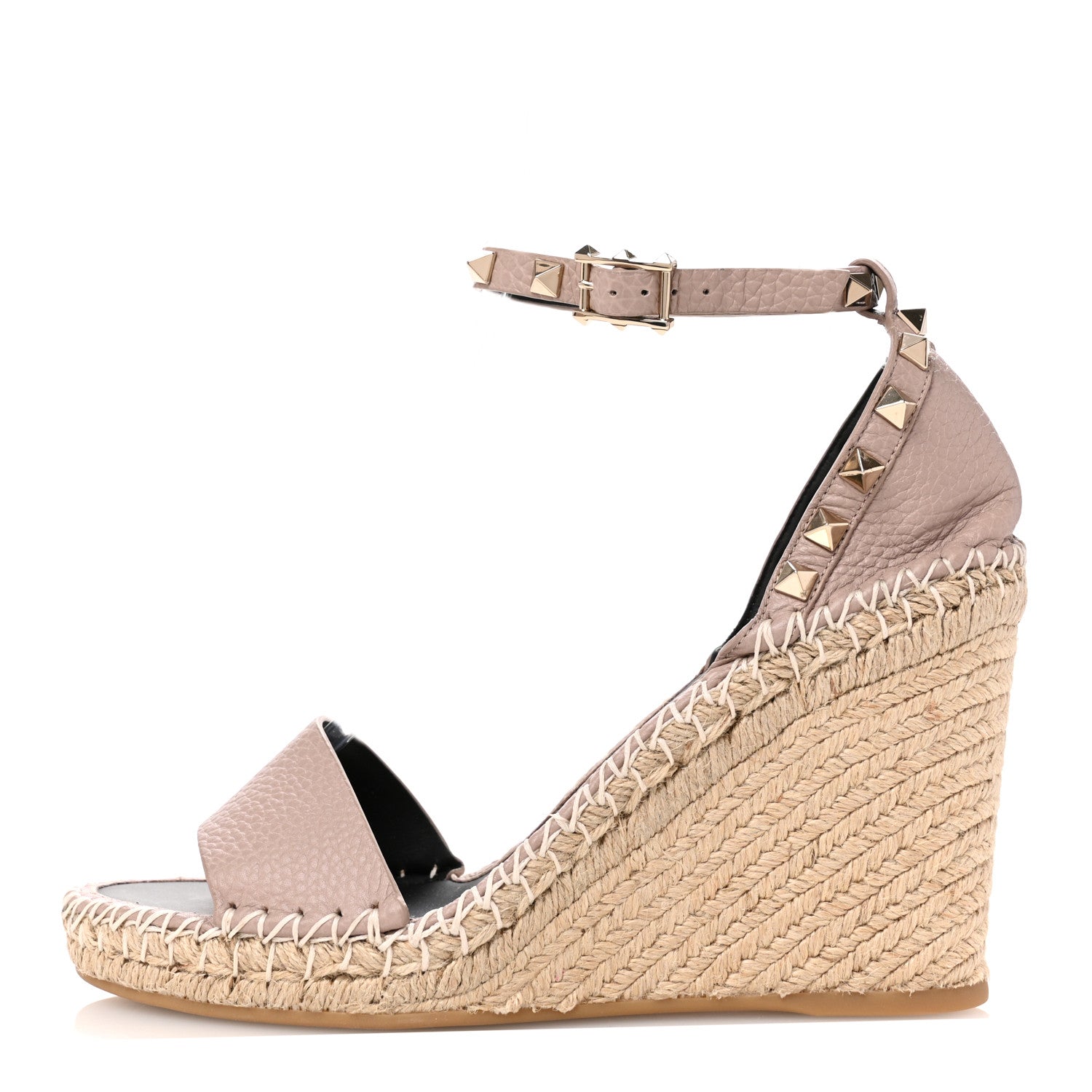 Valentino Garavani Grained Calfskin Rockstud Ankle Strap Espadrille 15/105mm Wedge Sandals 39 Poudre Natural 1 of 12