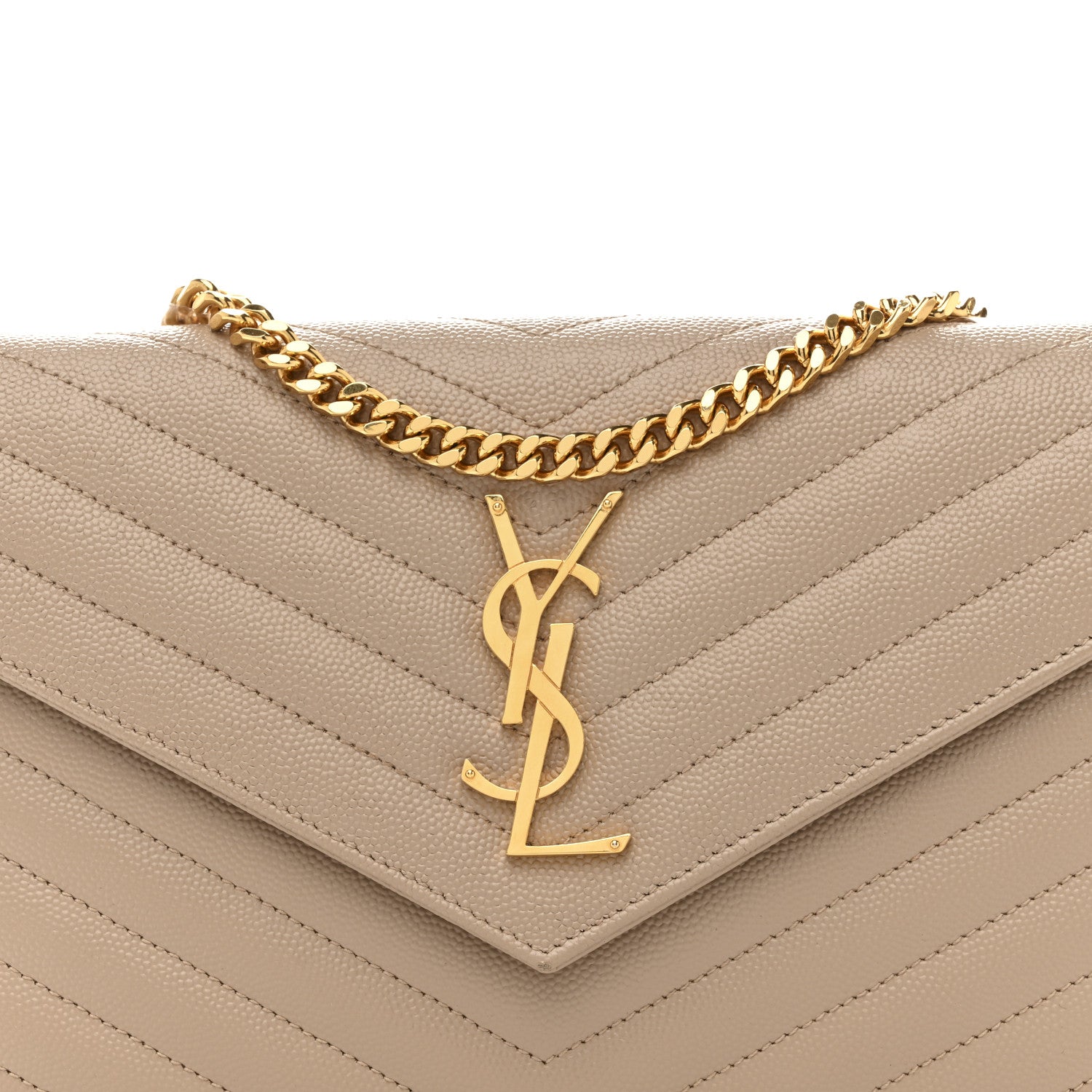 Saint Laurent Grain De Poudre Matelasse Chevron Monogram Chain Wallet Dark Beige 8 of 14