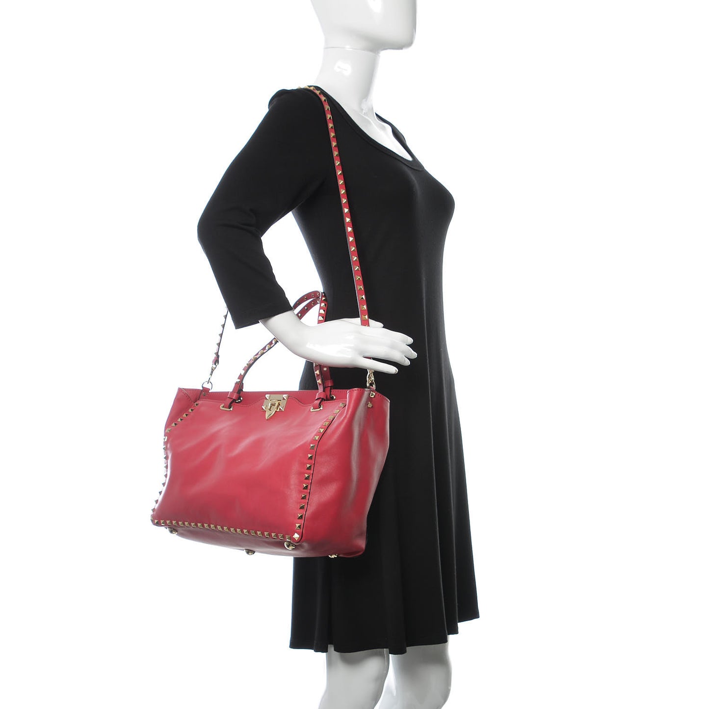 Vitello Rockstud Double Handle Tote Red