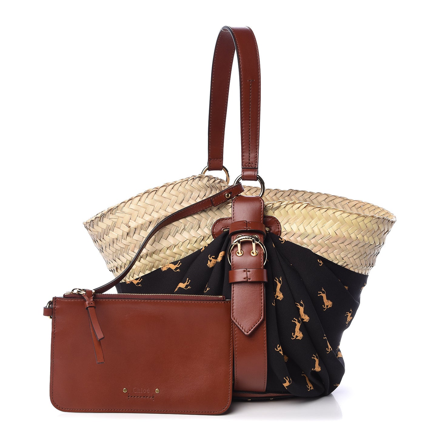 Smooth Calfskin Raffia Little Horses Medium Panier Basket Black Yellow