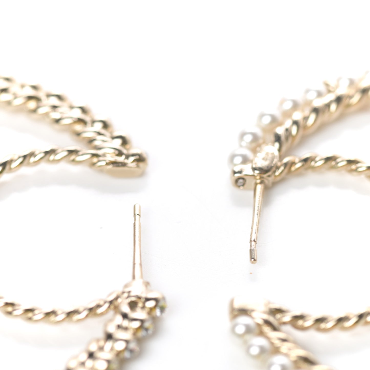 Crystal Pearl CC Drop Hoop Earrings Gold Pearly White
