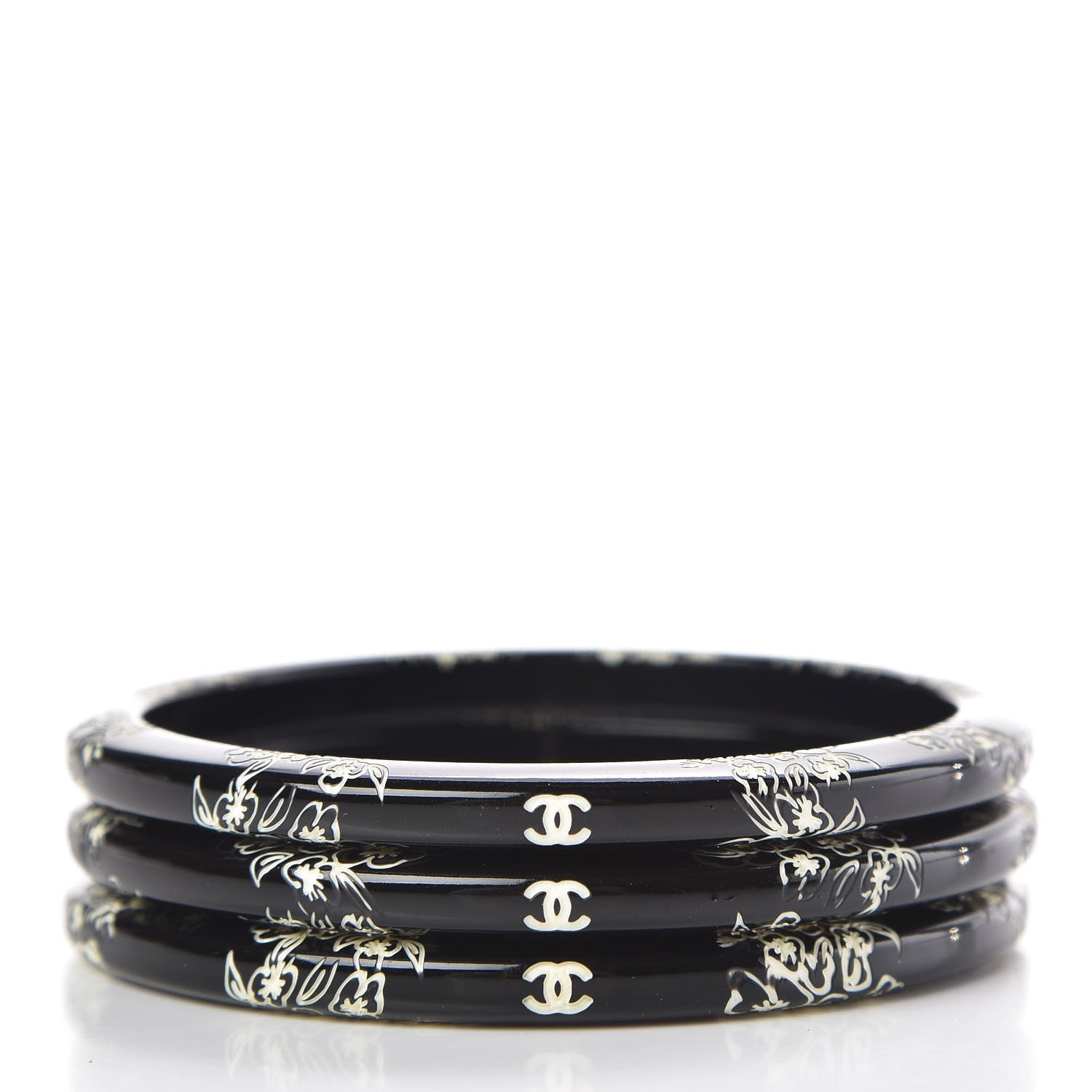 Chanel CC Camellia Engraved Bangle Set 3 Black 3 of 5