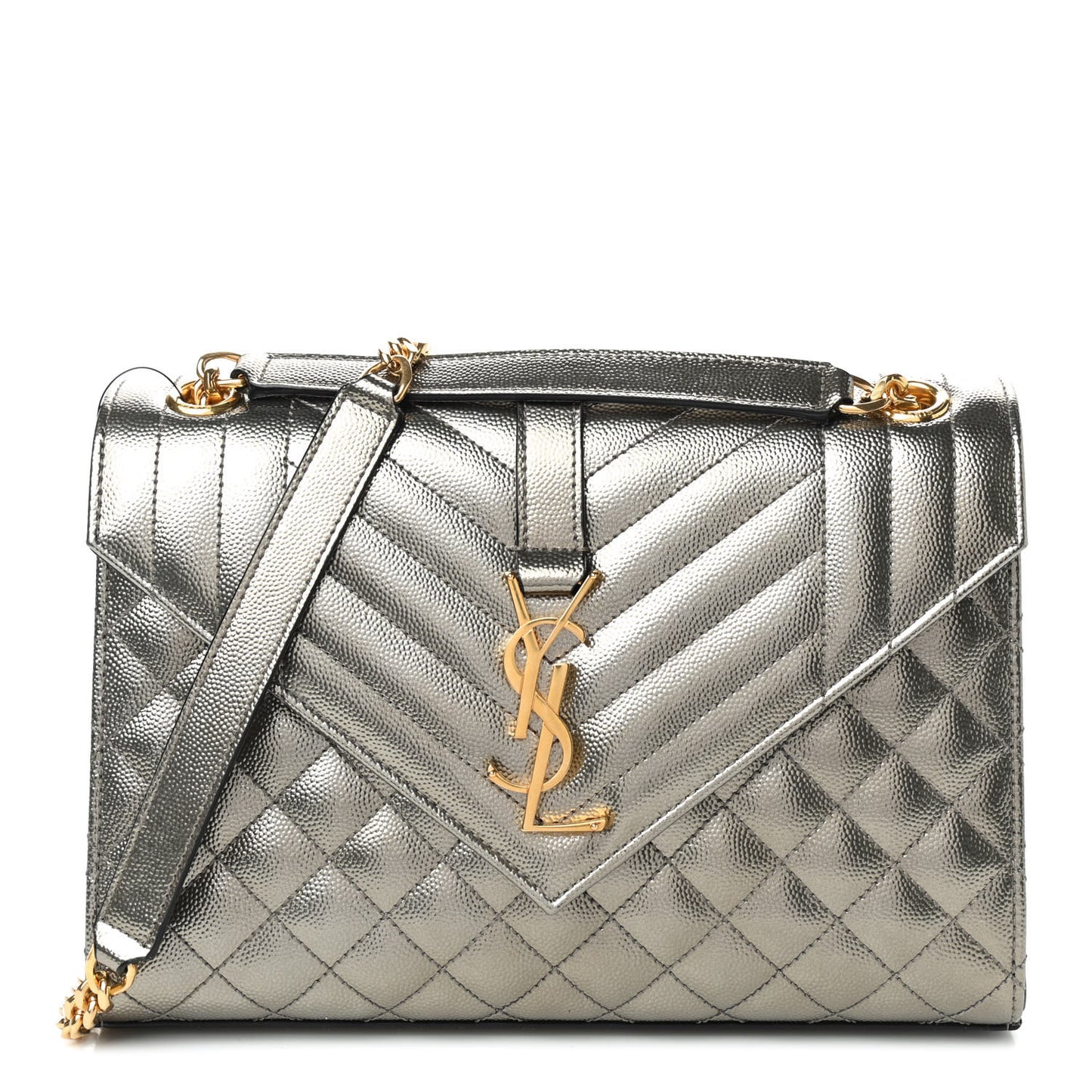 Metallic Grain De Poudre Textured Mixed Matelasse Triquilt Medium Monogram Satchel Piombo