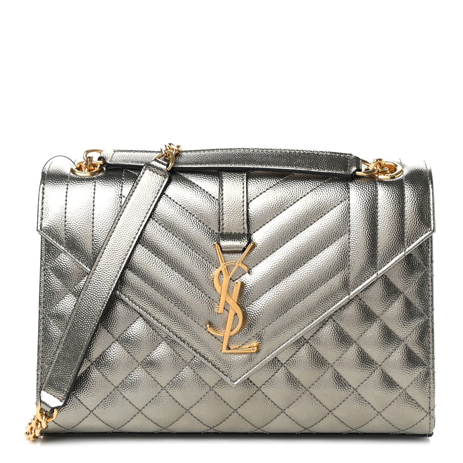 Saint Laurent Metallic Grain De Poudre Textured Mixed Matelasse Triquilt Medium Monogram Satchel Piombo 1 of 8